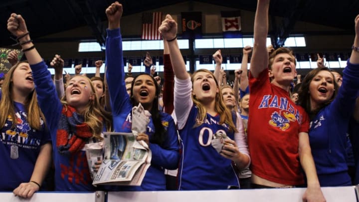 LAWRENCE, KS - FEBRUARY 25: Kansas Jayhawk fans cheer during the game between the Missouri Tigers and the Kansas Jayhawks on February 25, 2012 at Allen Fieldhouse in Lawrence, Kansas. (Photo by Jamie Squire/Getty Images)