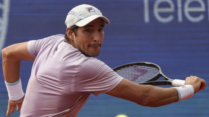 BELGRADE, SERBIA - MAY 24: Dusan Lajovic of Serbia returns a ball during his men's singles first-round match against Ricardas Berankis of Lithuania on Day 2 of the ATP 250 Belgrade Open at Novak Tennis Centre on May 24, 2021 in Belgrade, Serbia. (Photo by Srdjan Stevanovic/Getty Images)