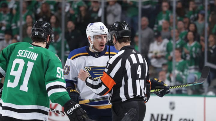 DALLAS, TX - MAY 1: Jaden Schwartz #17 of the St. Louis Blues talks with an official against the Dallas Stars in Game Four of the Western Conference Second Round during the 2019 NHL Stanley Cup Playoffs at the American Airlines Center on May 1, 2019 in Dallas, Texas. (Photo by Glenn James/NHLI via Getty Images)