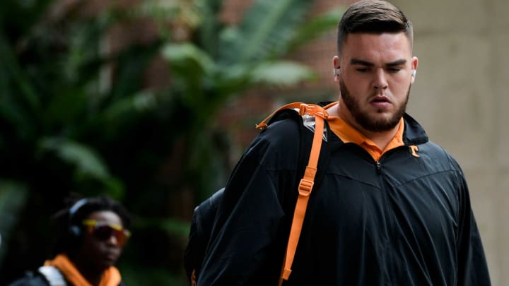 Tennessee offensive lineman Dayne Davis (66) arrives during a game at Ben Hill Griffin Stadium in Gainesville, Fla. on Saturday, Sept. 25, 2021.Kns Tennessee Florida Football