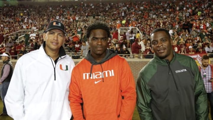 TALLAHASSEE, FL - NOVEMBER 02: Miami Hurricanes Alumni Greats Alex Rodriguez, Edgerrin James and Clinton Portis pose during the game against the Florida State Seminoles at Doak Campbell Stadium on Bobby Bowden Field on November 2, 2013 in Tallahassee, Florida. 3rd ranked Florida State defeated 7th ranked Miami 41 to 14. (Photo by Don Juan Moore/Getty Images)