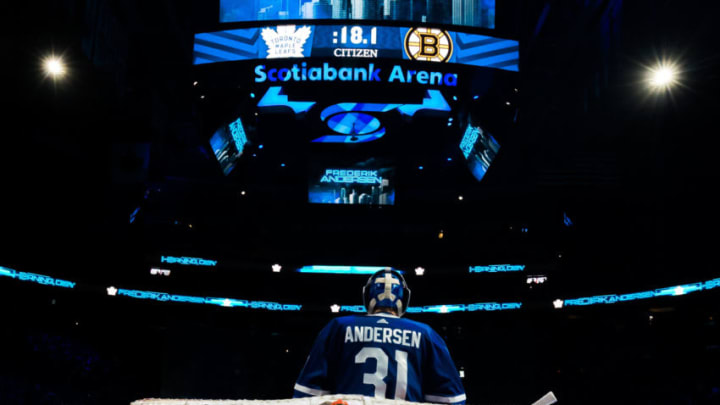 TORONTO, ON - APRIL 21: Frederik Andersen #31 of the Toronto Maple Leafs during opening ceremonies before a game against the Boston Bruins during Game Six of the Eastern Conference First Round during the 2019 NHL Stanley Cup Playoffs at the Scotiabank Arena on April 21, 2019 in Toronto, Ontario, Canada. (Photo by Kevin Sousa/NHLI via Getty Images)