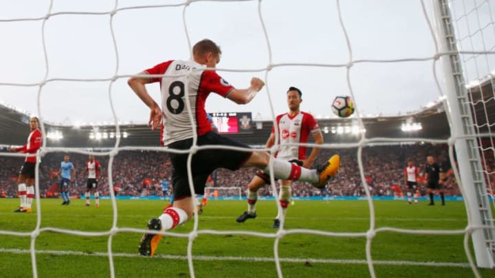 SOUTHAMPTON, ENGLAND - OCTOBER 15: Steven Davis of Southampton (8) clears the ball from his own goal line during the Premier League match between Southampton and Newcastle United at St Mary's Stadium on October 15, 2017 in Southampton, England. (Photo by Clive Rose/Getty Images)