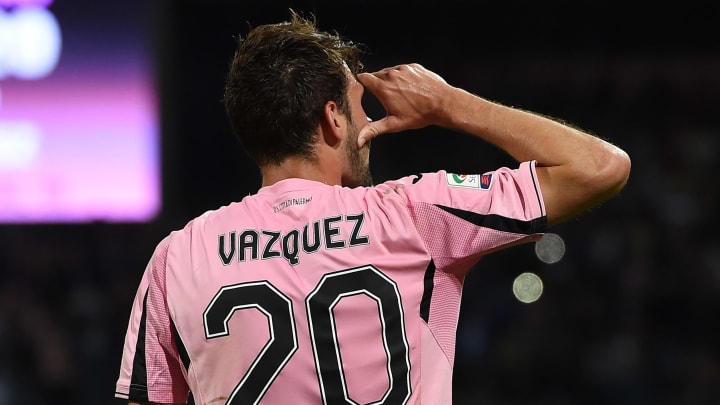 PALERMO, ITALY - MAY 15: Franco Vazquez of Palermo celebrates after scoring the opening goal during the Serie A match between US Citta di Palermo and Hellas Verona FC at Stadio Renzo Barbera on May 15, 2016 in Palermo, Italy. (Photo by Tullio M. Puglia/Getty Images)