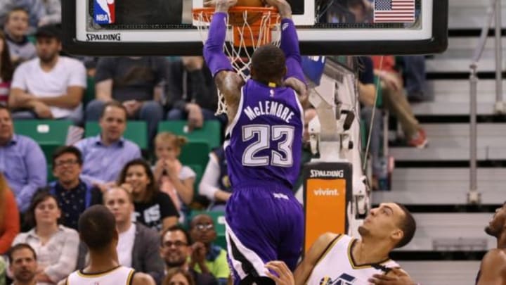 Apr 8, 2015; Salt Lake City, UT, USA; Sacramento Kings guard Ben McLemore (23) dunks the basketball against the Utah Jazz during the fourth quarter at EnergySolutions Arena. Utah Jazz on the game 103-91. Mandatory Credit: Chris Nicoll-USA TODAY Sports