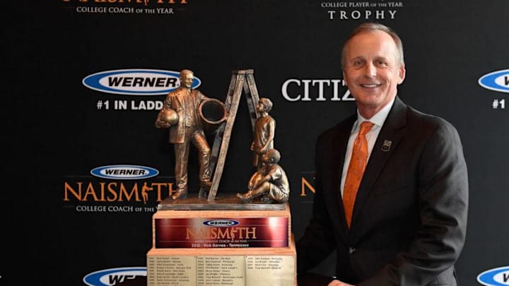 MINNEAPOLIS, MN - APRIL 07: 2019 Werner Ladder Naismith Men's College Coach of the Year Rick Barnes of the Tennessee Volunteers poses with the 2019 Werner Ladder Naismith Men's College Coach of the Year trophy during the 2019 Naismith Awards Brunch at the Nicolette Island Pavilion on April 7, 2019 in Minneapolis, Minnesota. (Photo by Hannah Foslien/Getty Images)