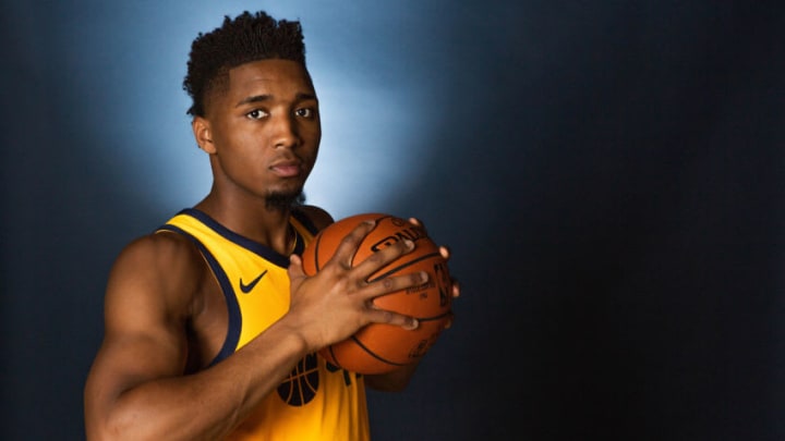SALT LAKE CITY, UT - SEPTEMBER 24: Donovan Mitchell #45 of the Utah Jazz poses for a portrait at media day on September 24, 2018 at the Zions Bank Basketball Campus in Salt Laker City, Utah. NOTE TO USER: User expressly acknowledges and agrees that, by downloading and or using this photograph, User is consenting to the terms and conditions of the Getty Images License Agreement. Mandatory Copyright Notice: Copyright 2018 NBAE (Photo by Melissa Majchrzak/NBAE via Getty Images)
