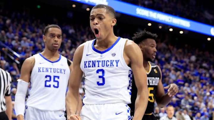 LEXINGTON, KY - NOVEMBER 21: Keldon Johnson #3 of the Kentucky Wildcats celebrates against the Winthrop Eagles at Rupp Arena on November 21, 2018 in Lexington, Kentucky. (Photo by Andy Lyons/Getty Images)