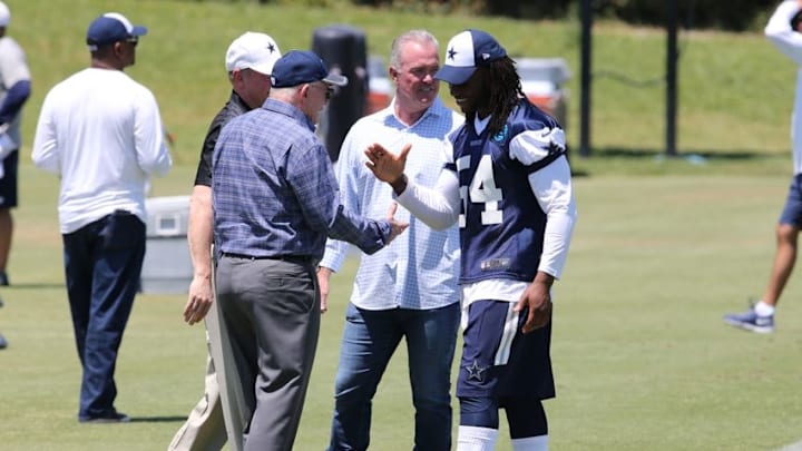 May 6, 2016; Irving, TX, USA; Dallas Cowboys linebacker Jaylon Smith (54) meets with owner Jerry Jones during rookie minicamp at Dallas Cowboys headquarters at Valley Ranch. Mandatory Credit: Matthew Emmons-USA TODAY Sports