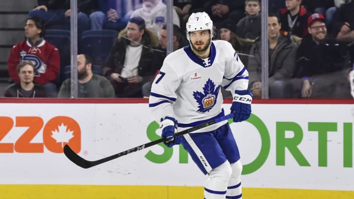 LAVAL, QC – MARCH 08: Timothy Liljegren #7 of the Toronto Marlies skates against the Laval Rocket during the AHL game at Place Bell on March 8, 2019 in Laval, Quebec, Canada. The Toronto Marlies defeated the Laval Rocket 3-0. (Photo by Minas Panagiotakis/Getty Images)