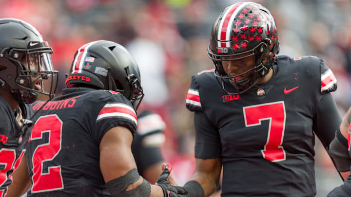 COLUMBUS, OH - NOVEMBER 03: Ohio State Buckeyes running back J.K. Dobbins (2) celebrates with Ohio State Buckeyes quarterback Dwayne Haskins (7) after scoring a touchdown in a game between the Ohio State Buckeyes and the Nebraska Cornhuskers on November 03, 2018 at Ohio Stadium in Columbus, OH. (Photo by Adam Lacy/Icon Sportswire via Getty Images)