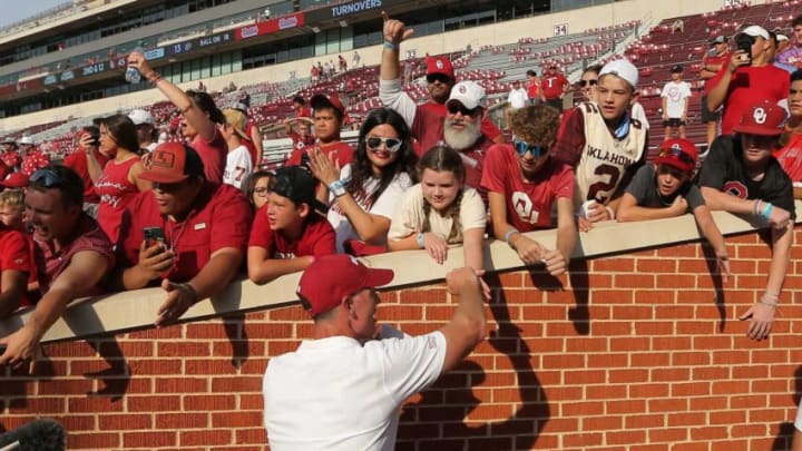 Oklahoma coach Brent Venables celebrates with fans after a college football game between the University of Oklahoma Sooners (OU) and the UTEP Miners at Gaylord Family - Oklahoma Memorial Stadium in Norman, Okla., Saturday, Sept. 3, 2022. Oklahoma won 45-13.Ou Vs Utep