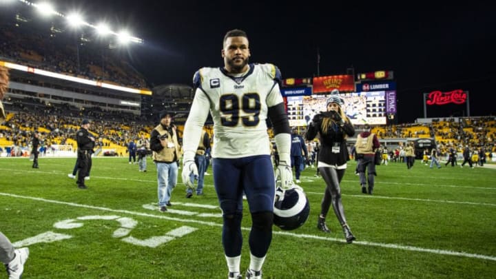 PITTSBURGH, PA - NOVEMBER 10: Los Angeles Rams defensive tackle Aaron Donald (99) looks on during the NFL football game between the Los Angeles Rams and the Pittsburgh Steelers on November 10, 2019 at Heinz Field in Pittsburgh, PA. (Photo by Mark Alberti/Icon Sportswire via Getty Images)
