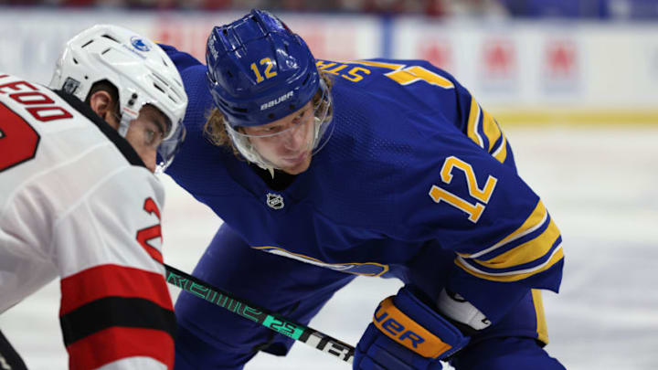 Jan 30, 2021; Buffalo, New York, USA; Buffalo Sabres center Eric Staal (12) waits for the face-off during the second period against the New Jersey Devils at KeyBank Center. Mandatory Credit: Timothy T. Ludwig-USA TODAY Sports