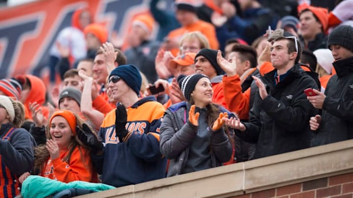 November 22, 2014: University of Illinois' fans celebrate a 16-14 win over Penn State at Memorial Stadium in Champaign, IL. (Photo by Paul Bergstrom/Icon Sportswire/Corbis via Getty Images)
