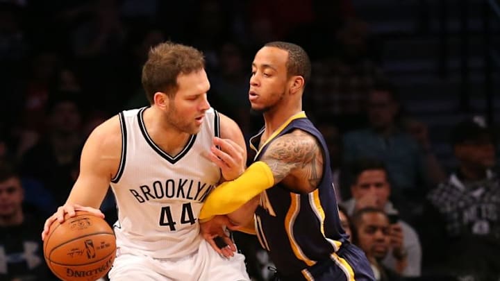 Mar 26, 2016; Brooklyn, NY, USA; Brooklyn Nets guard Bojan Bogdanovic (44) drives against Indiana Pacers guard Monta Ellis (11) during the first quarter at Barclays Center. Mandatory Credit: Anthony Gruppuso-USA TODAY Sports