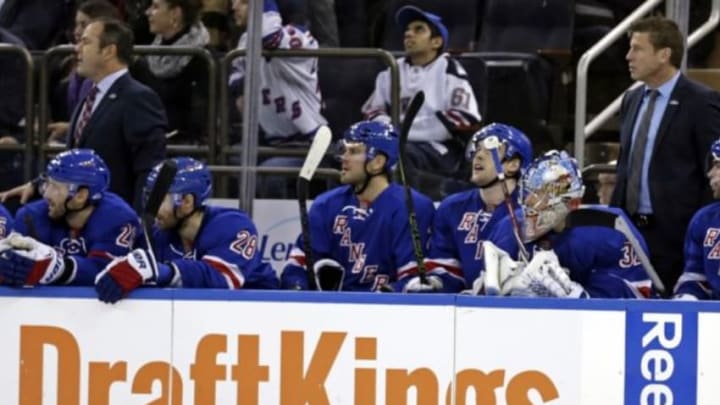 Dec 3, 2015; New York, NY, USA; New York Rangers goalie Antti Raanta (32) looks on from the bench in the final minutes of the third period of an NHL Hockey game against the Colorado Avalanche at Madison Square Garden. The Avalanche defeated the Rangers 2-1. Mandatory Credit: Adam Hunger-USA TODAY Sports