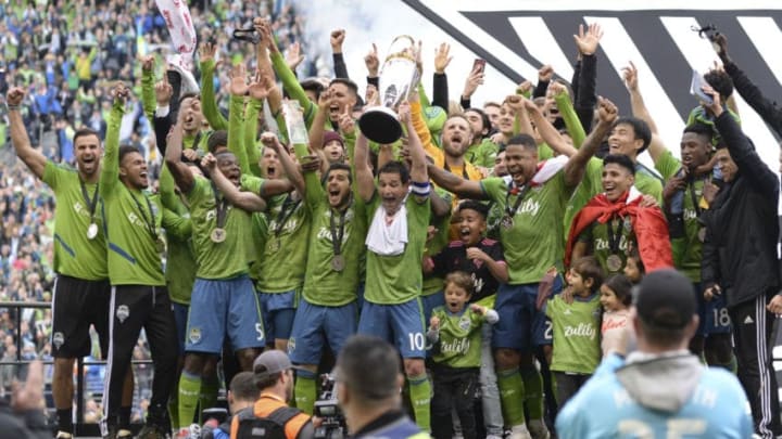 SEATTLE, WA - NOVEMBER 10: The Seattle Sounders celebrate their 3-1 win after the MLS Championship match against Toronto FC on November 10, 2019, at Century Link Field in Seattle, WA. (Photo by Jeff Halstead/Icon Sportswire via Getty Images)