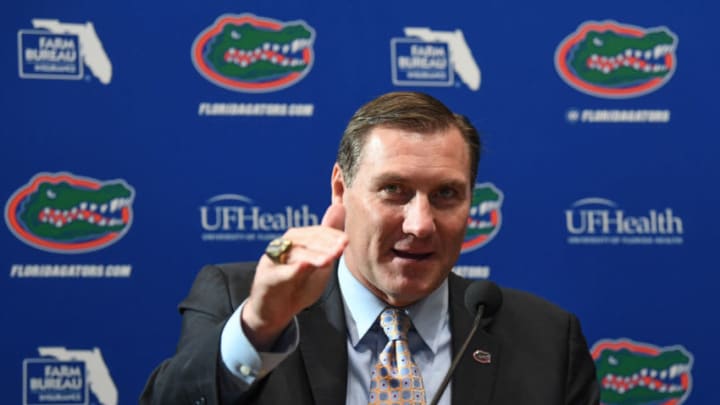 GAINESVILLE, FL - NOVEMBER 27: Florida Gators head football coach Dan Mullen speaks during an introductory press conference at the Bill Heavener football complex on November 27, 2017 in Gainesville, Florida. (Photo by Rob Foldy/Getty Images)