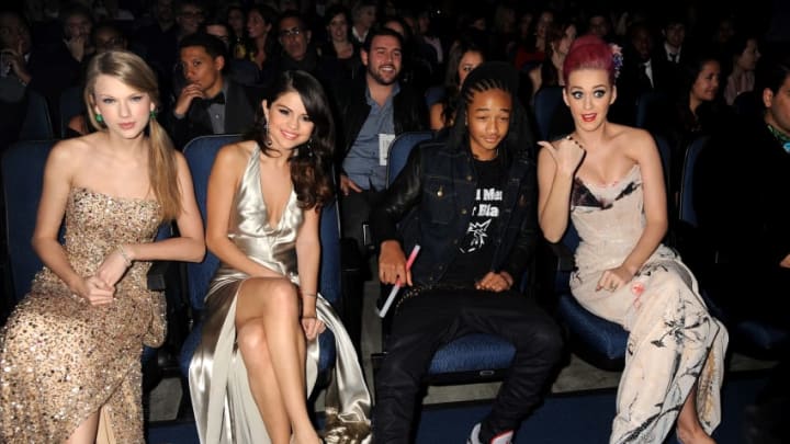LOS ANGELES, CA - NOVEMBER 20: Taylor Swift, Selena Gomez, Jaden Smith and Katy Perry in the audience at the 2011 American Music Awards at the Nokia Theatre L.A. LIVE on November 20, 2011 in Los Angeles, California. (Photo by Jeff Kravitz/AMA2011/FilmMagic)