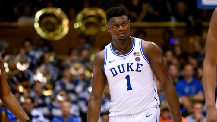DURHAM, NC - FEBRUARY 05: Zion Williamson #1 of the Duke Blue Devils looks on during their game against the Boston College Eagles at Cameron Indoor Stadium on February 5, 2019 in Durham, North Carolina. Duke won 80-55. (Photo by Lance King/Getty Images)