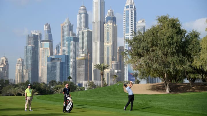 DUBAI, UNITED ARAB EMIRATES - JANUARY 22: Lucas Bjerregaard of Denmark in action during a practice round prior to the Omega Dubai Desert Classic at the Emirates Golf Club on January 22, 2019 in Dubai, United Arab Emirates. (Photo by Ross Kinnaird/Getty Images)