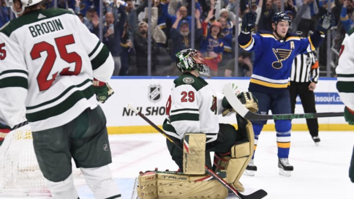 Minnesota Wild goalie Marc-Andre Fleury reacts after allowing a goal during Game 4 of a first round playoff series against the St. Louis Blues. The series continues on Tuesday in St. Paul.(Jeff Le-USA TODAY Sports)