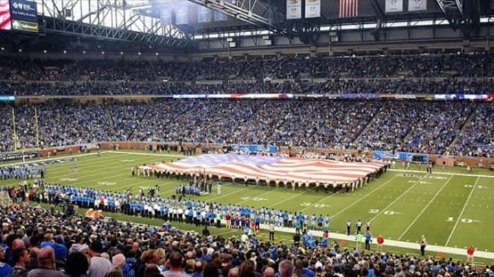 November 22, 2012; Detroit, MI, USA; General view of an American flag at Ford Field prior to a game between the Detroit Lions and the Houston Texans on Thanksgiving. Mandatory Credit: Mike Carter-USA TODAY Sports