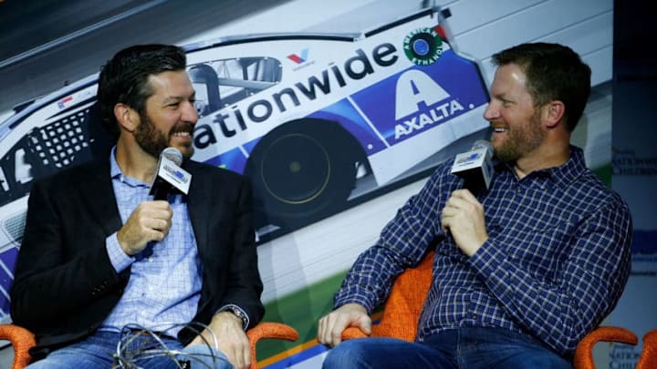 LAS VEGAS, NV - NOVEMBER 28: Dale Earnhardt Jr. talks with Monster Energy NASCAR Cup Series champion Martin Truex Jr. during Appreci88ion, An Evening With Dale Earnhardt Jr. Presented By Nationwide at The Cosmopolitan of Las Vegas on November 28, 2017 in Las Vegas, Nevada. (Photo by Jonathan Ferrey/Getty Images)