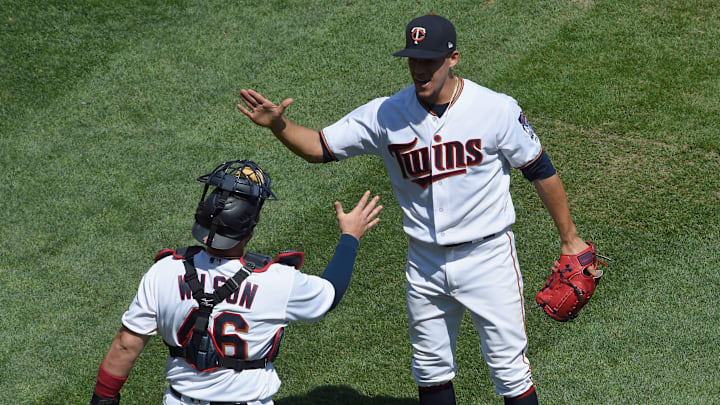 MINNEAPOLIS, MN – JUNE 07: Bobby Wilson #46 and Jose Berrios #17 of the Minnesota Twins celebrate defeating the Chicago White Sox 7-2 after the game on June 7, 2018 at Target Field in Minneapolis, Minnesota. (Photo by Hannah Foslien/Getty Images)