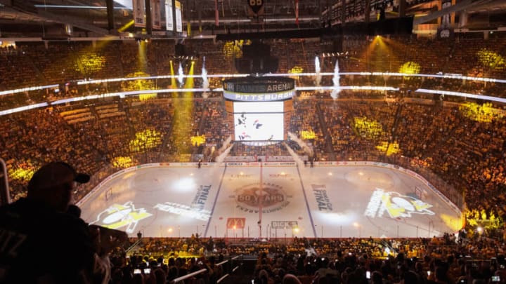 PITTSBURGH, PA - MAY 31: A laser light show entertains the crowd before the NHL Stanley Cup Finals Game 2 between the Nashville Predators and the Pittsburgh Penguins at PPG Paints Arena on May 31, 2017. (Photo by Shelley Lipton/Icon Sportswire via Getty Images)