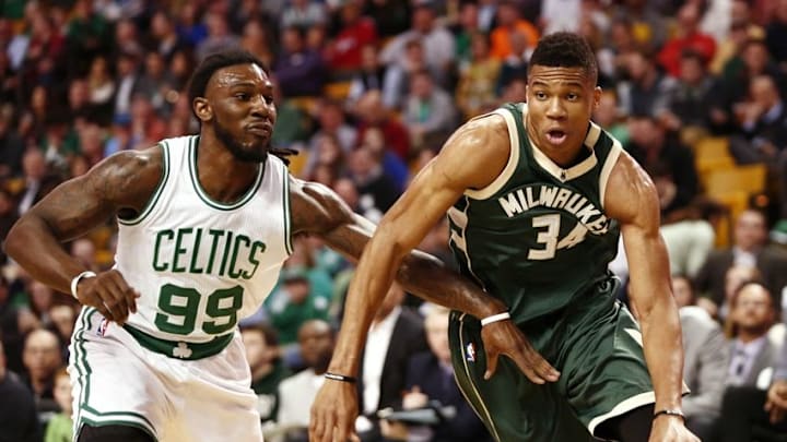Feb 25, 2016; Boston, MA, USA; Milwaukee Bucks forward Giannis Antetokounmpo (34) drives to the hoop against Boston Celtics forward Jae Crowder (99) during the first half at TD Garden. Mandatory Credit: Mark L. Baer-USA TODAY Sports