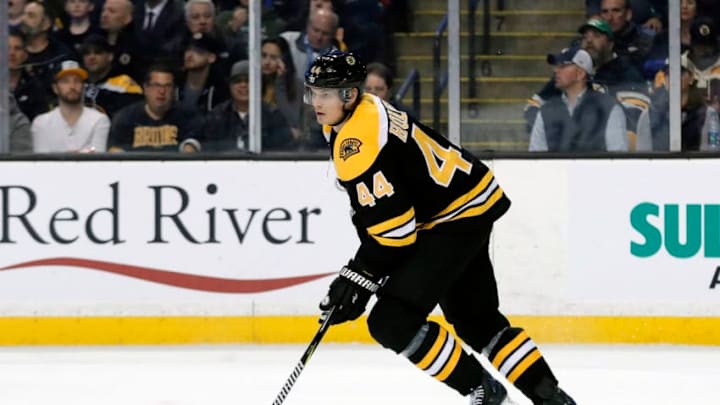 BOSTON, MA - MARCH 06: Boston Bruins left defenseman Nick Holden (44) during a game between the Boston Bruins and the Detroit Red Wings on March 6, 2018, at TD Garden in Boston, Massachusetts. The Bruins defeated the Red Wings 6-5 (OT). (Photo by Fred Kfoury III/Icon Sportswire via Getty Images)