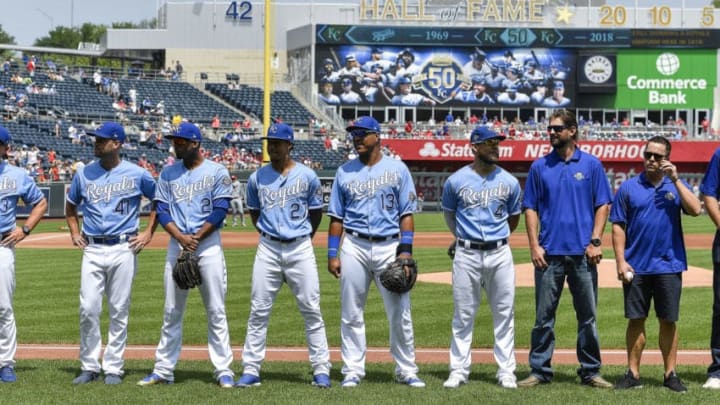 Several members of the 2015 Kansas City Royals World Series team are recognized before a game against the St. Louis Cardinals on Sunday, Aug. 12, 2018 at Kauffman Stadium in Kansas City, Mo. (John Sleezer/Kansas City Star/Tribune News Service via Getty Images)