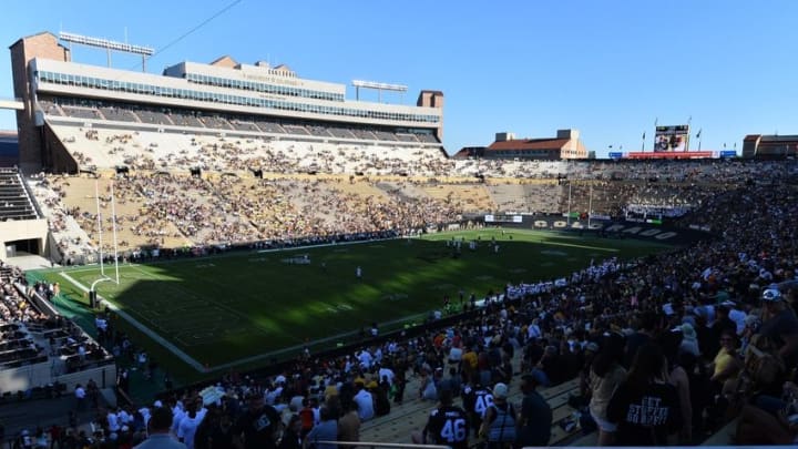 Sep 10, 2016; Boulder, CO, USA; General view of Folsom Field during the second half of the game between the Idaho State Bengals against the Colorado Buffaloes. The Buffaloes defeated the Bengals 56-7. Mandatory Credit: Ron Chenoy-USA TODAY Sports