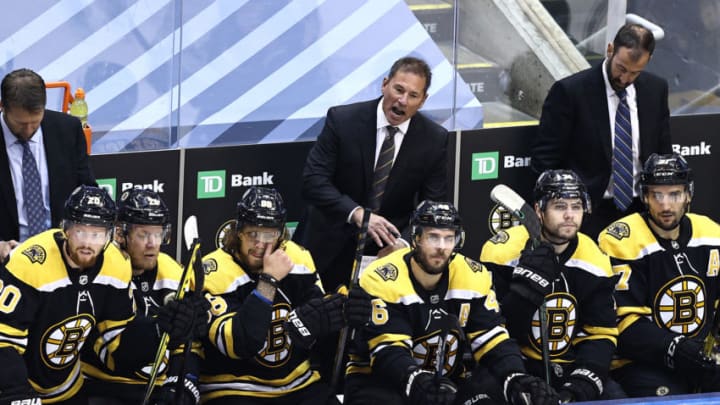 TORONTO, ONTARIO - AUGUST 26: Head coach Bruce Cassidy of the Boston Bruins reacts during the first period against the Tampa Bay Lightning in Game Three of the Eastern Conference Second Round during the 2020 NHL Stanley Cup Playoffs at Scotiabank Arena on August 26, 2020 in Toronto, Ontario. (Photo by Elsa/Getty Images)