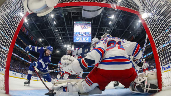 TAMPA, FLORIDA – JUNE 05: Igor Shesterkin #31 of the New York Rangers stops a shot against Brandon Hagel #38 of the Tampa Bay Lightning in Game Three of the Eastern Conference Final of the 2022 Stanley Cup Playoffs at Amalie Arena on June 05, 2022 in Tampa, Florida. (Photo by Bruce Bennett/Getty Images)