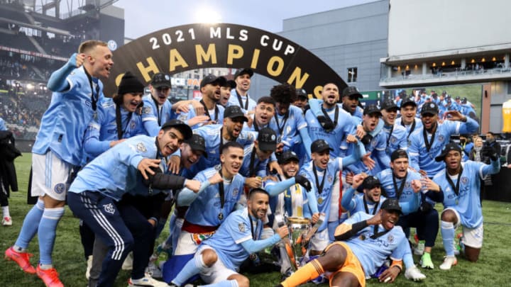 PORTLAND, OR - DECEMBER 11: New York City FC players celebrate winning the 2021 MLS Cup after a game between New York City FC and Portland Timbers at Providence Park on December 11, 2021 in Portland, Oregon. (Photo by Andy Mead/ISI Photos/Getty Images)