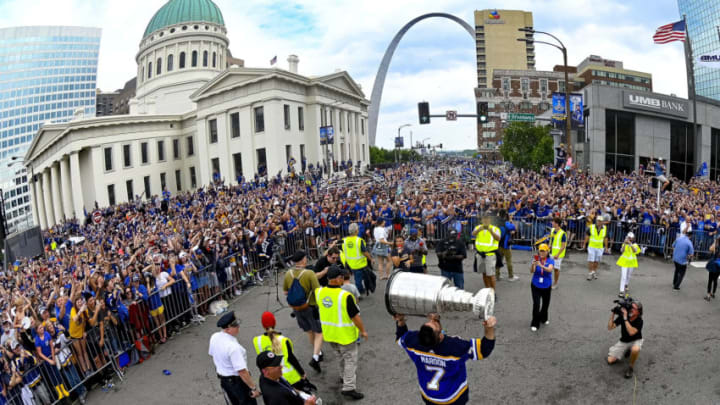 ST. LOUIS, MO - JUNE 15: Pat Maroon #7 of the St. Louis Blues kisses the Stanley Cup during the St Louis Blues Victory Parade and Rally after winning the 2019 Stanley Cup Final on June 15, 2019 in St. Louis, Missouri. (Photo by Scott Rovak/NHLI via Getty Images)