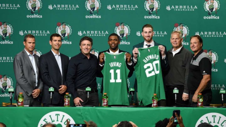 BOSTON, MA - SEPTEMBER 1: Kyrie Irving and Gordon Hayward get introduced as Boston Celtics on September 1, 2017 at the TD Garden in Boston, Massachusetts. NOTE TO USER: User expressly acknowledges and agrees that, by downloading and or using this photograph, User is consenting to the terms and conditions of the Getty Images License Agreement. Mandatory Copyright Notice: Copyright 2017 NBAE (Photo by Brian Babineau/NBAE via Getty Images)