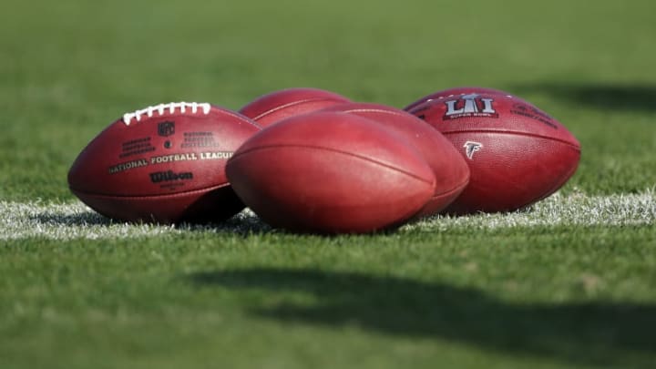 HOUSTON, TX – FEBRUARY 02: A view of footballs with Atlanta Falcons logo along with the Super Bowl LI logo during practice on February 2, 2017 in Houston, Texas. (Photo by Tim Warner/Getty Images)