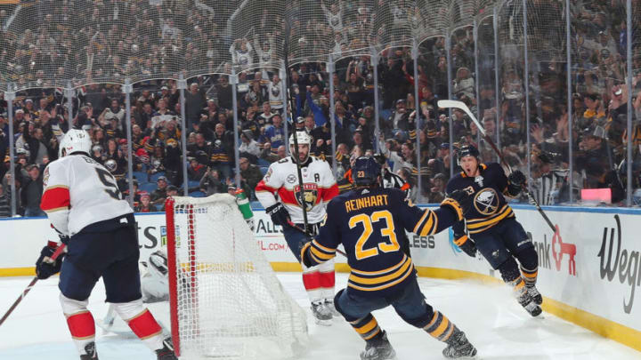 BUFFALO, NY - JANUARY 3: Jeff Skinner #53 of the Buffalo Sabres celebrates his second goal of the game, the game winner, against the Florida Panthers during an NHL game on January 3, 2019 at KeyBank Center in Buffalo, New York. Buffalo won, 4-3. (Photo by Bill Wippert/NHLI via Getty Images)
