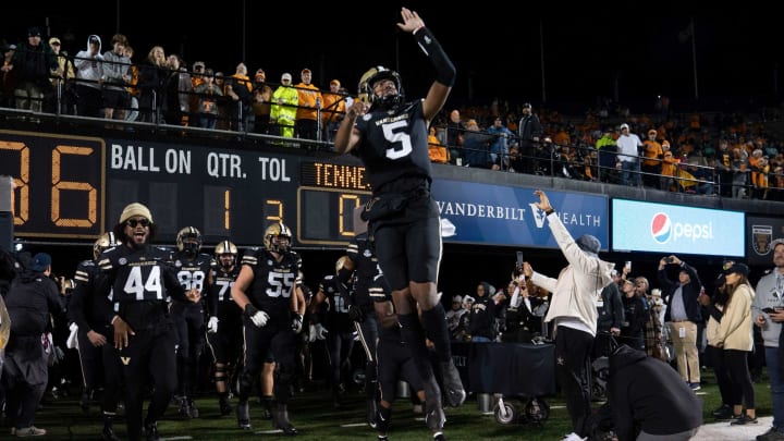 Vanderbilt quarterback Mike Wright (5) leads the team onto the field before the game against Tennessee at FirstBank Stadium Saturday, Nov. 26, 2022, in Nashville, Tenn.Ncaa Football Tennessee Volunteers At Vanderbilt Commodores