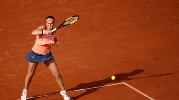 PARIS, FRANCE - MAY 27: Jelena Ostapenko of Latvia plays a forehand during her ladies singles first round match against Kateryna Kozlova of Ukraine during day one of the 2018 French Open at Roland Garros on May 27, 2018 in Paris, France. (Photo by Cameron Spencer/Getty Images)