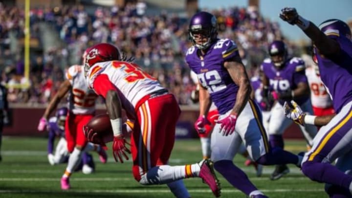 Oct 18, 2015; Minneapolis, MN, USA; Kansas City Chiefs safety Ron Parker (38) returns an interception during the first quarter against the Minnesota Vikings at TCF Bank Stadium. Mandatory Credit: Brace Hemmelgarn-USA TODAY Sports