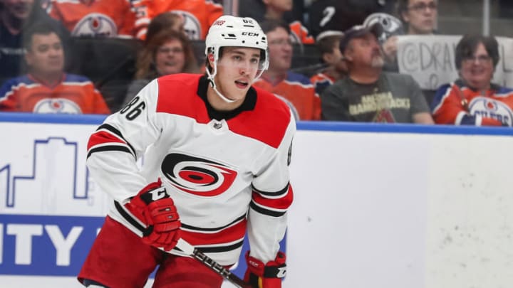 EDMONTON, AB - JANUARY 20: Carolina Hurricanes Right Wing Teuvo Teravainen (86) in action in the first period during the Edmonton Oilers game versus the Carolina Hurricanes on January 20, 2019 at Rogers Place in Edmonton, AB. (Photo by Curtis Comeau/Icon Sportswire via Getty Images)