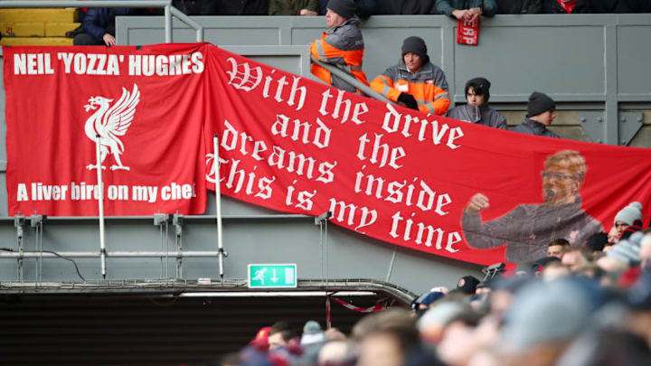 LIVERPOOL, ENGLAND - DECEMBER 14: Liverpool fans display a banner during the Premier League match between Liverpool FC and Watford FC at Anfield on December 14, 2019 in Liverpool, United Kingdom. (Photo by Clive Brunskill/Getty Images)