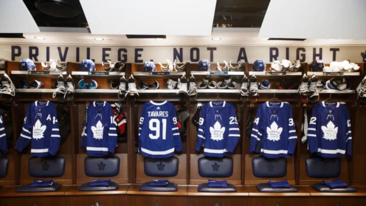 TORONTO, ON - JULY 1: The jersey of John Tavares #91 of the Toronto Maple Leafs, hangs in the Toronto Maple Leafs' dressing room, after Tavares signed with the Toronto Maple Leafs, at the Scotiabank Arena on July 1, 2018 in Toronto, Ontario, Canada. (Photo by Mark Blinch/NHLI via Getty Images)