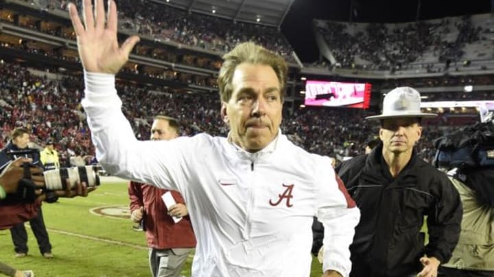 Nov 7, 2015; Tuscaloosa, AL, USA; Alabama Crimson Tide head coach Nick Saban walks off the field after the game against the LSU Tigers at Bryant-Denny Stadium. Alabama won 30-16. Mandatory Credit: John David Mercer-USA TODAY Sports