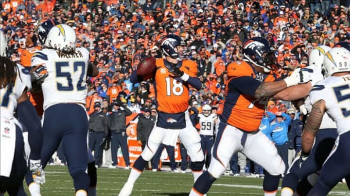 Jan 12, 2014; Denver, CO, USA; Denver Broncos quarterback Peyton Manning (18) throws a first quarter touchdown against the San Diego Chargers during the 2013 AFC divisional playoff football game at Sports Authority Field at Mile High. Mandatory Credit: Matthew Emmons-USA TODAY Sports